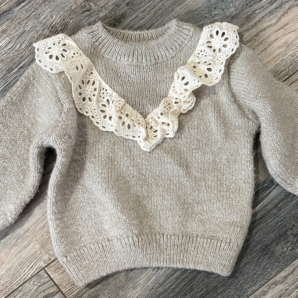 Zara Cream Lace Trim Gray Sweater